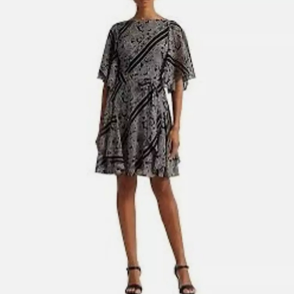 Lauren Ralph Lauren Paisley Georgette Dress NWT Size 4 Black Grey Flutter Sleeve